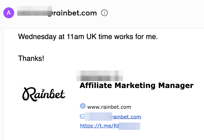 Email reply from Rainbet's Affiliate Marketing Manager confirming the discovery call H9 booked